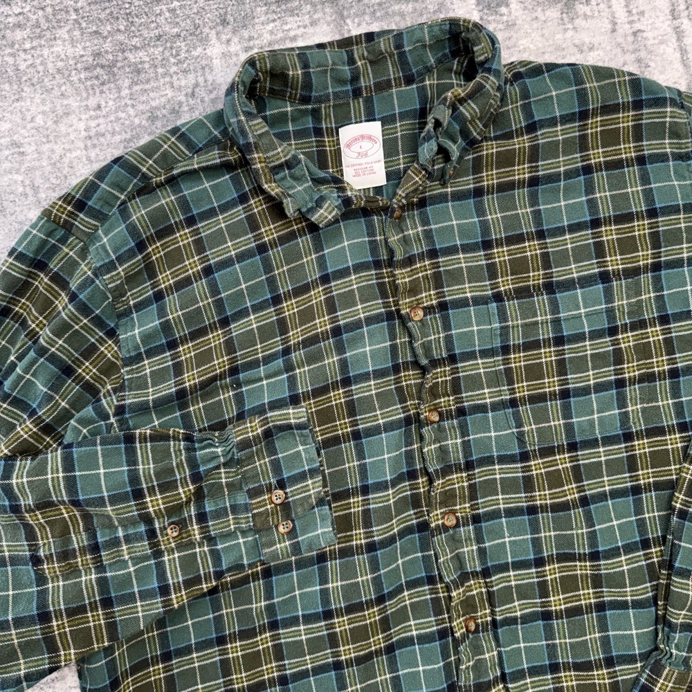 Brooks Brothers Flannel Shirt Men Large‎ Green Tartan Plaid Regular Fit Cotton